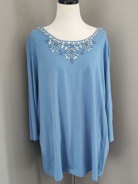 Embellished Sky Blue Long-Sleeve Women's Top